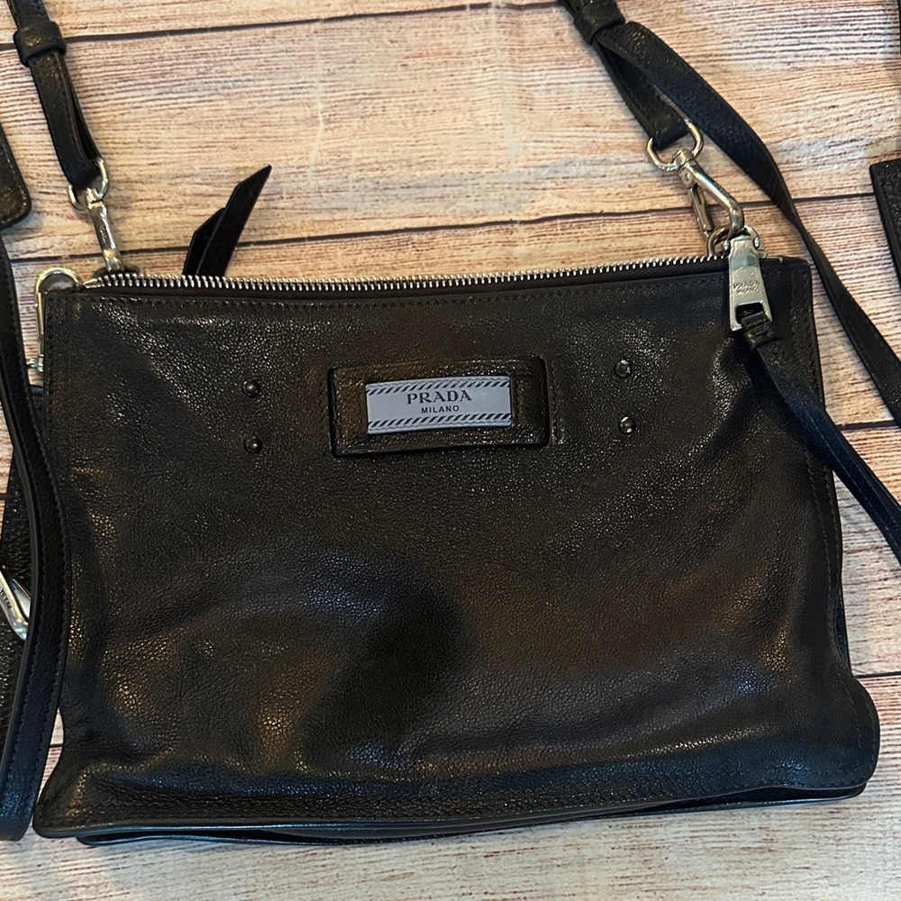 Prada Glace Calf Etiquette Flap Black Astrale Crossbody Double Zip Bag Purse